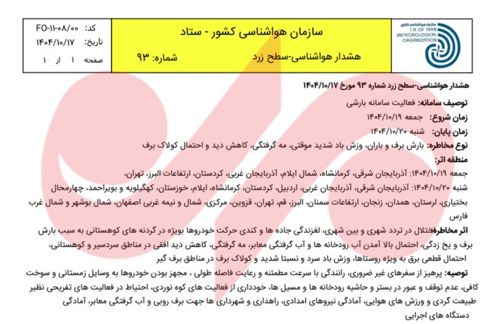 هشدار بارش‌های سیل‌آسا و کولاک برف در ۲۱ استان کشور از روز جمعه – آفتاب نو |  اخبار ورزشی